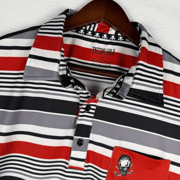 Tattoo Golf Other - Tattoo Golf Mens L ProCool Performance Stripe Polo Shirt Chest‎ Pocket Skull